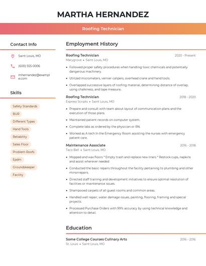 Roofing Technician Resume
