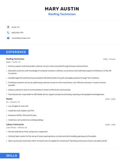 Roofing Technician Resume