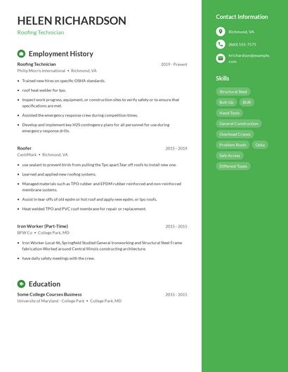 Roofing Technician Resume