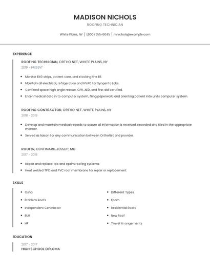 Roofing Technician Resume