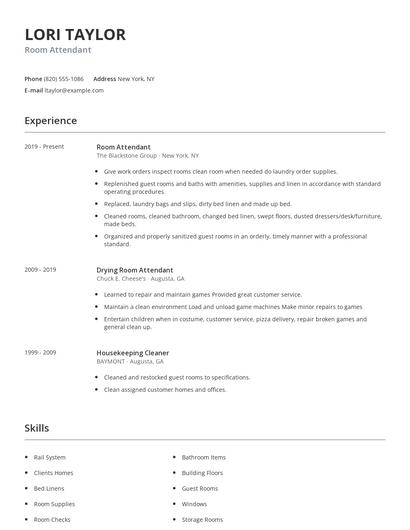 Room Attendant Resume