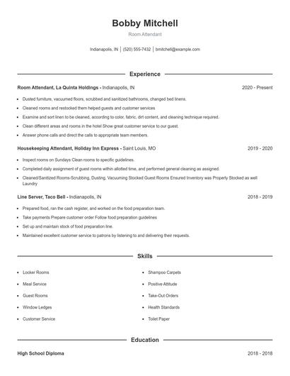 Room Attendant Resume