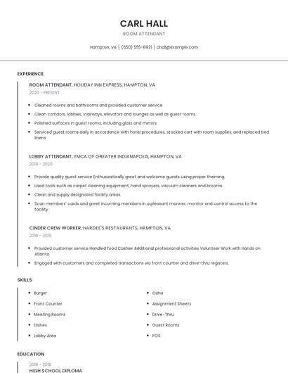 Room Attendant Resume