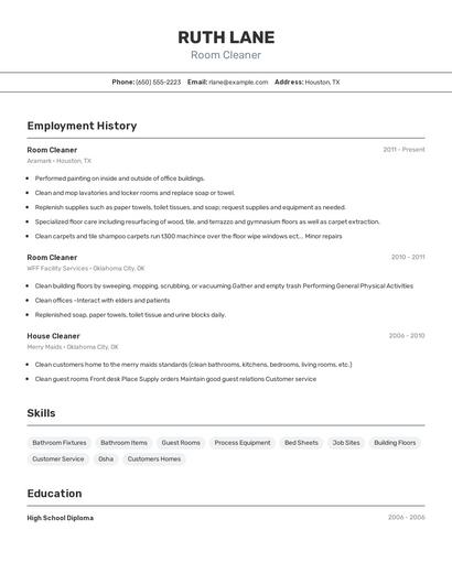 Room Cleaner Resume