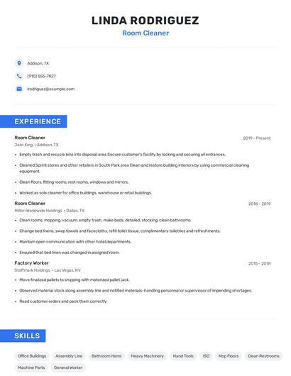Room Cleaner Resume