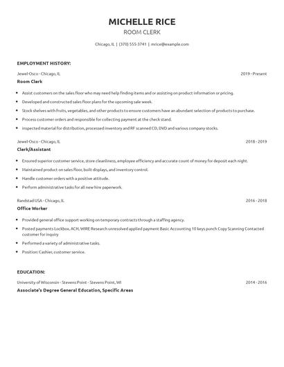 Room Clerk Resume