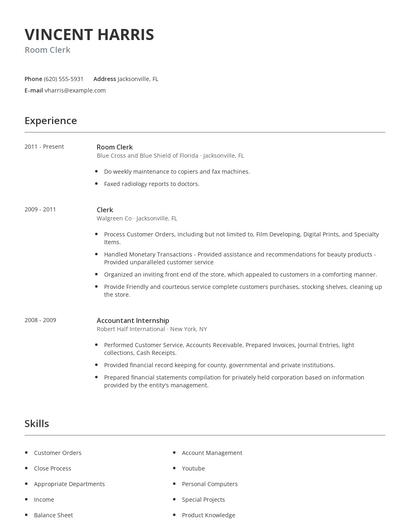 Room Clerk Resume