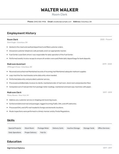 Room Clerk Resume