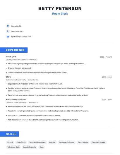 Room Clerk Resume