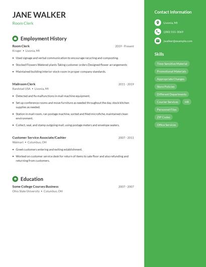 Room Clerk Resume
