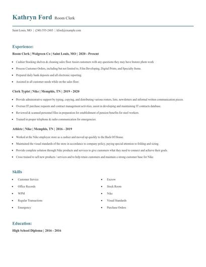 Room Clerk Resume