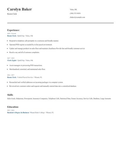 Room Clerk Resume