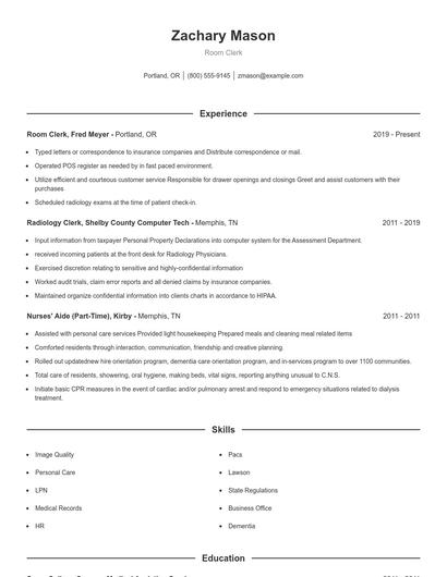 Room Clerk Resume