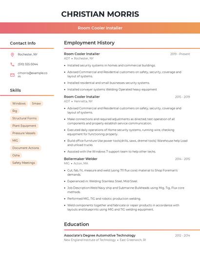 Room Cooler Installer Resume