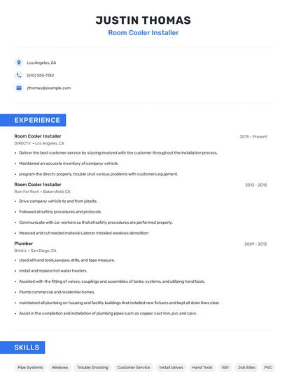 Room Cooler Installer Resume