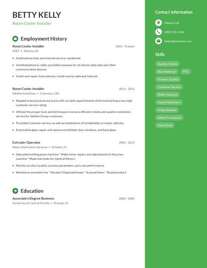 Room Cooler Installer Resume