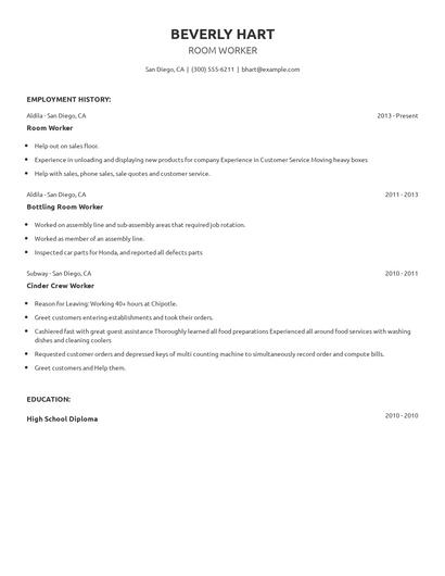 Room Worker Resume