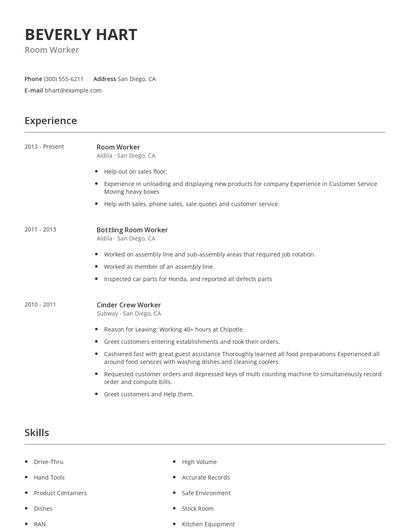 Room Worker Resume