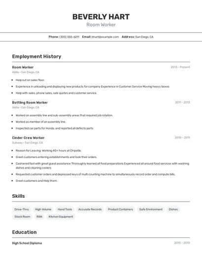 Room Worker Resume