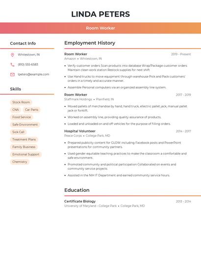 Room Worker Resume