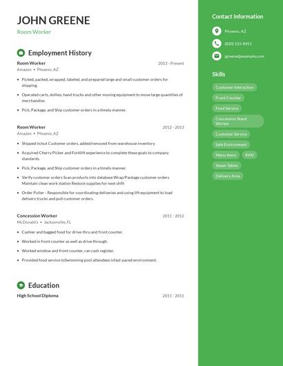 Room Worker Resume