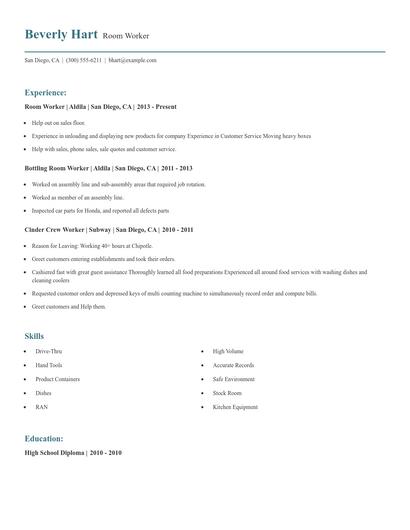 Room Worker Resume