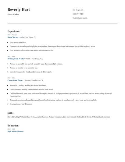 Room Worker Resume