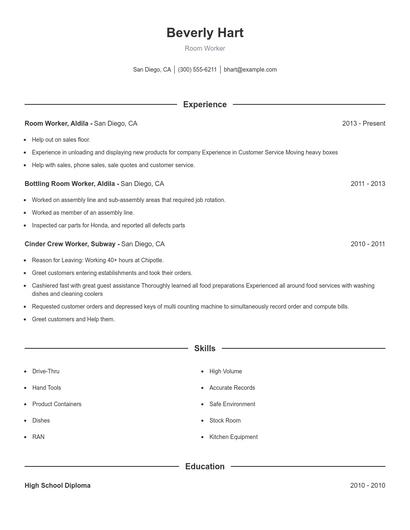 Room Worker Resume