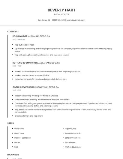 Room Worker Resume