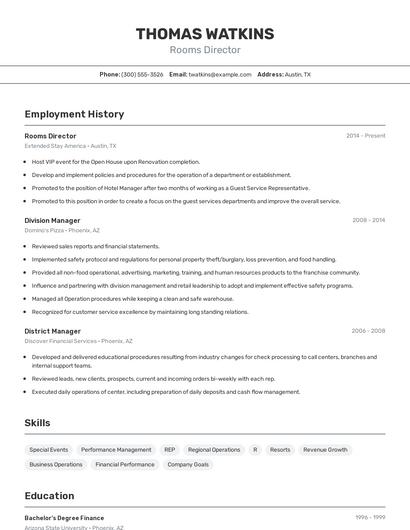 Rooms Director Resume