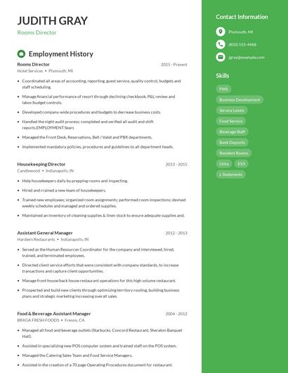 Rooms Director Resume