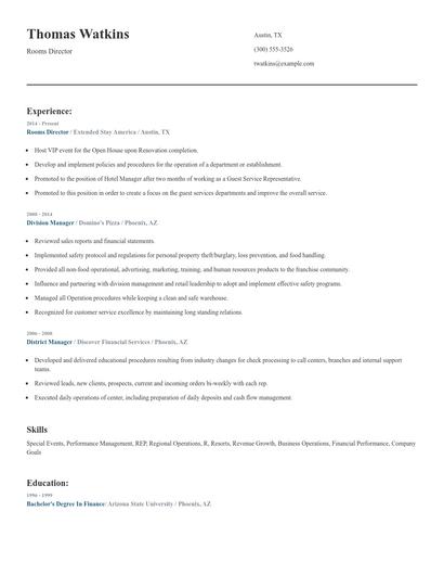 Rooms Director Resume
