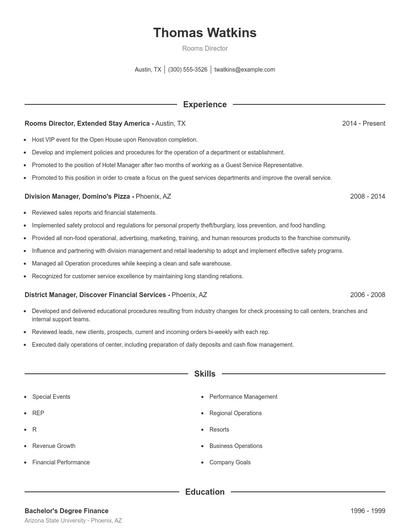Rooms Director Resume