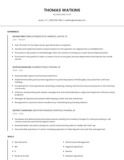 Rooms Director Resume