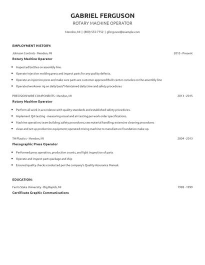 Rotary Machine Operator Resume
