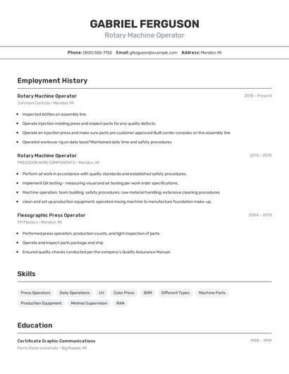 Rotary Machine Operator Resume