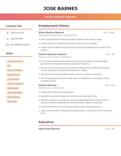 Rotary Machine Operator Resume
