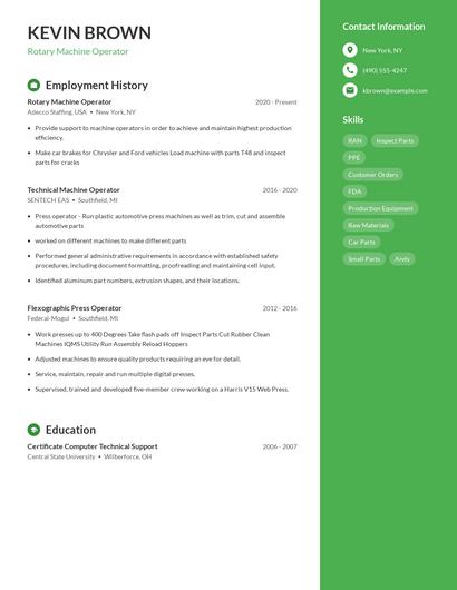Rotary Machine Operator Resume