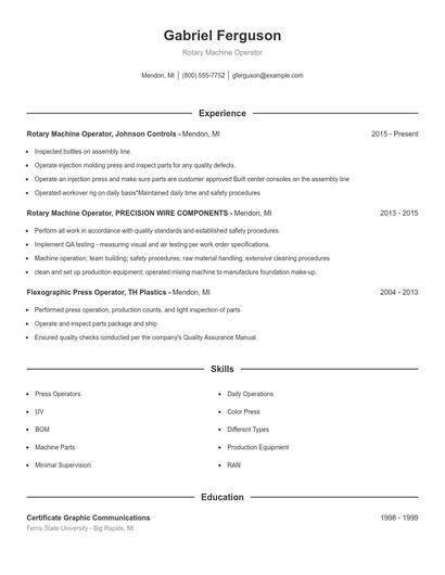 Rotary Machine Operator Resume