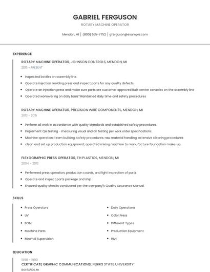 Rotary Machine Operator Resume