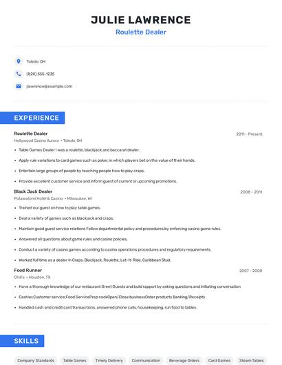 Roulette Dealer Resume