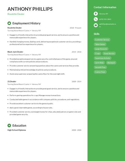Roulette Dealer Resume