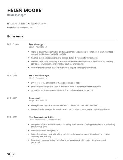 Route Manager Resume