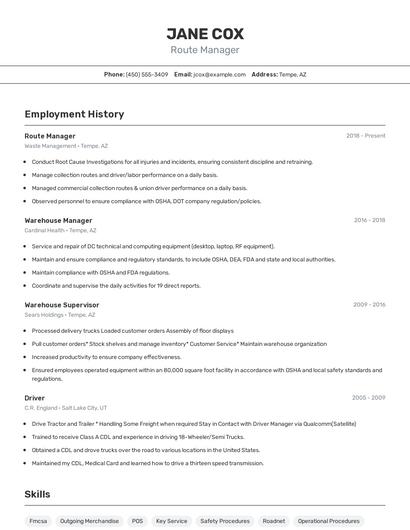 Route Manager Resume