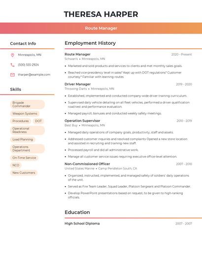 Route Manager Resume