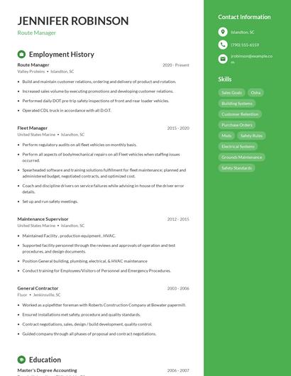 Route Manager Resume