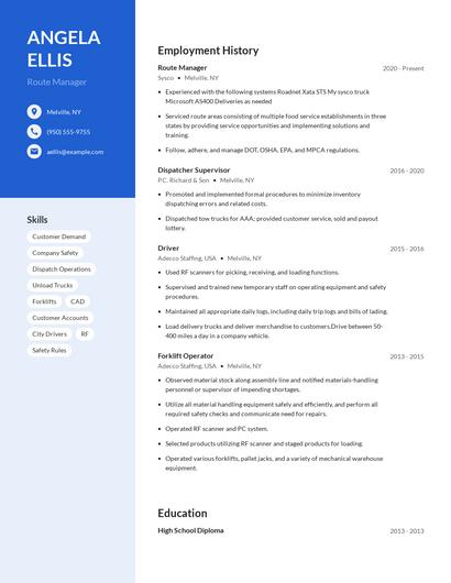 Route Manager Resume