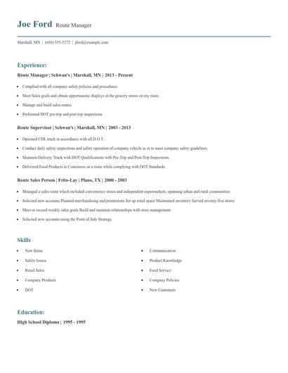 Route Manager Resume