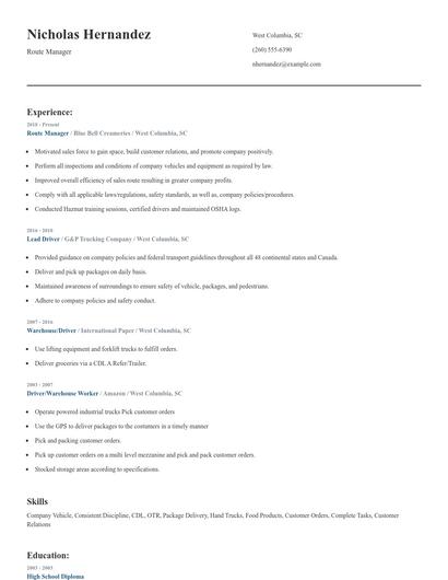 Route Manager Resume