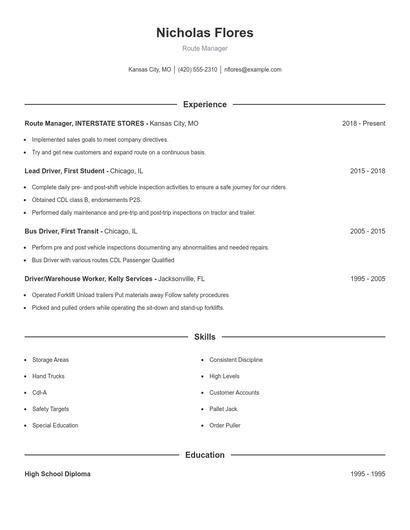 Route Manager Resume